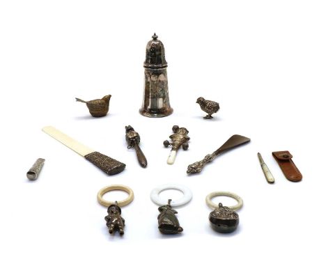 Mixed small silver and silver plated items, comprising: three teething rings - the first a silver boy in hat, the second a gi