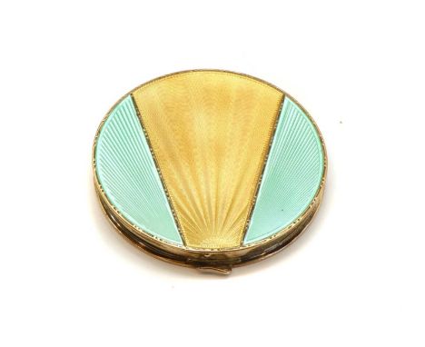 A cased Art Deco silver and guilloche enamel compact, with two tone top and engine turned reverse, by HGD, Birmingham 1935, 7