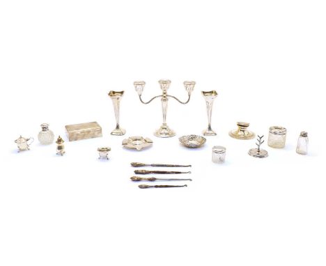 Silver items, including: 3 branch candelabra, Birm. 1972, pair of vases, Birm. 1939, engine turned cigarette box, capstan ink