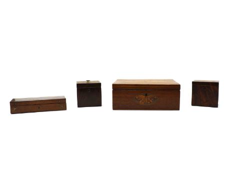Six various wooden boxes, including an Eastern octagonal tea caddy with inlaid brass wirework, Chinese lacquer workbox, shell