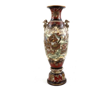 A large Japanese Satsuma vase, Meiji period, of ovoid form, painted with Samari in a battle under blossoming trees, the neck 