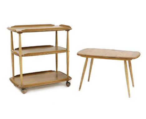 A blonde Ercol elm trolley, of three tiers with border mouldings, on castors, 72cm wide, 45cm deep, 74cm high, and table, 72c