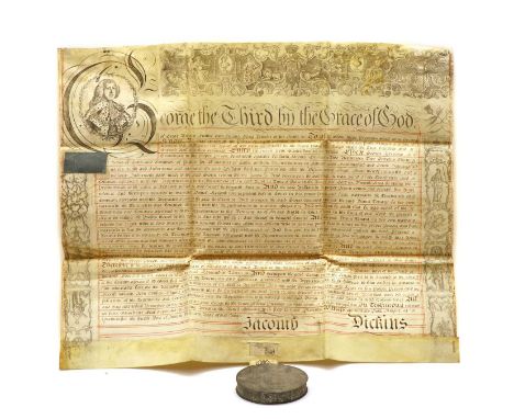 GEORGE III Vellum Document, dated 1764 and dealing with a land transaction in Essex, with a portrait of George III, ornate de