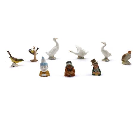 Various ceramic items, comprising: three Lladro geese, and other china, three small birds, two of which by Aynsley and Goebel