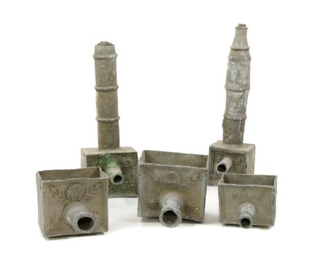 Five 18th/19th century lead hopper heads,  all with projecting spouts, two with vertical pipes, one inscribed 'Hulls', each o