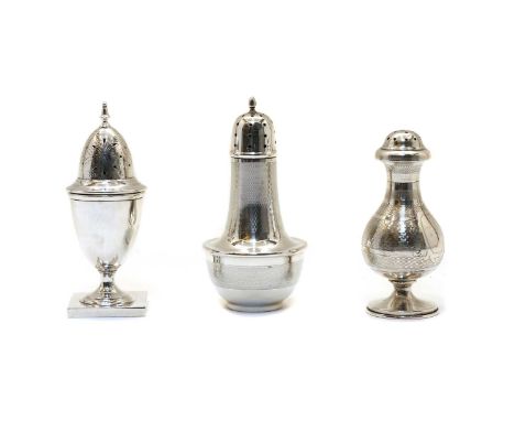 Three various silver casters, two engine turned Birmingham 1937, one continental, another George III style, 13.1 ozCondition 