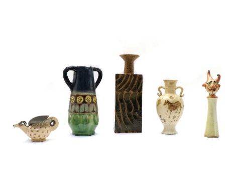 A collection of early 20th century ceramics, to include a Royal Doulton Art Nouveau candlestick, a large partially glazed squ