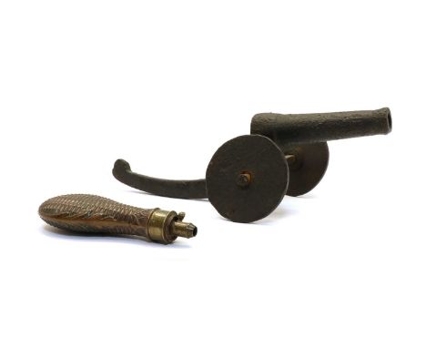 An iron model cannon, or signal gun, possibly 19th Century, 39cm total length, together with a Hawksley copper and brass powd