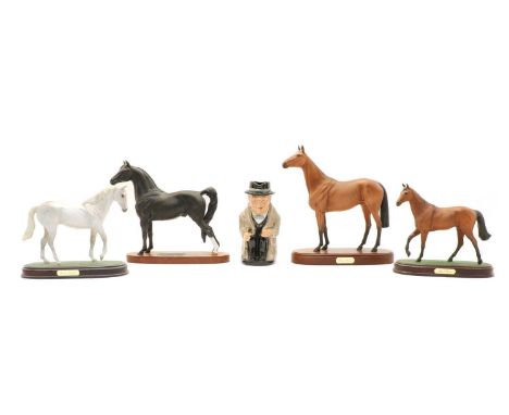 Four china horse models and a Winston Churchill Toby jug, comprising; Royal Doulton 'Red Rum' (2), Beswick 'Morgan Horse'; Ro