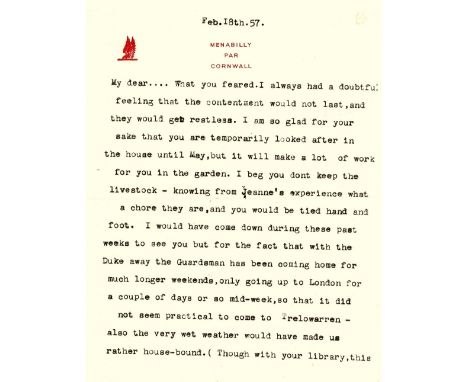 DU MAURIER DAPHNE: (1907-1989) British Author. T.L.S., Daphne, two pages, 8vo, Menabilly, Par, Cornwall, 18th February 1957, 