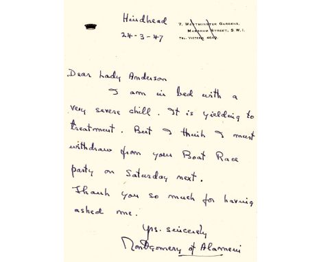 MONTGOMERY B. L.: (1887-1976) British Field Marshal of World War II. A.L.S., Montgomery of Alamein, one page, 8vo, Hindhead, 