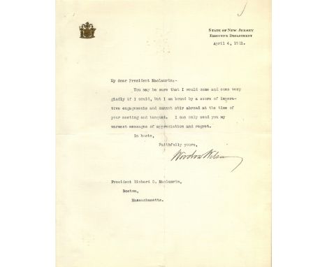 WILSON WOODROW: (1856-1924) American President 1913-21. T.L.S., Woodrow Wilson, one page, 4to, New Jersey, 4th April 1911, to