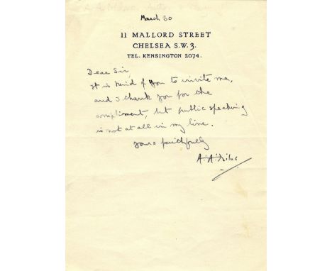 MILNE A. A.: (1882-1956) English Author, creator of Winnie-the-Pooh. L.S., A. A. Milne, one page, 8vo, Chelsea, 30th March n.