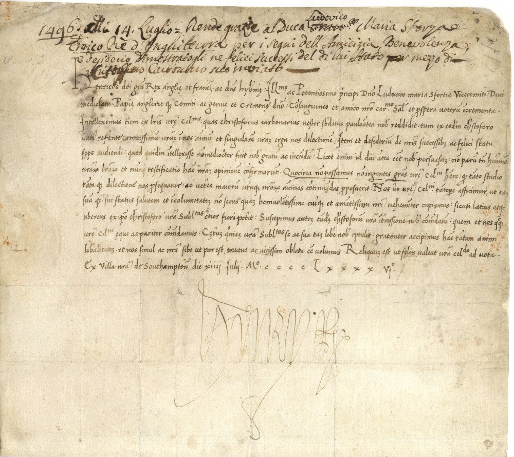 Lot 951 - A rare letter to Da Vinci’s patron, with a full signature HENRY VII: (1457-1509) King of England