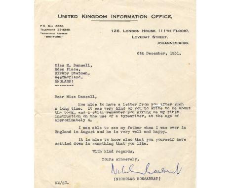 MONSARRAT NICHOLAS: (1910-1979) British Novelist of The Cruel Sea (1951). T.L.S., Nicholas Monsarrat, one page, small 4to, Jo
