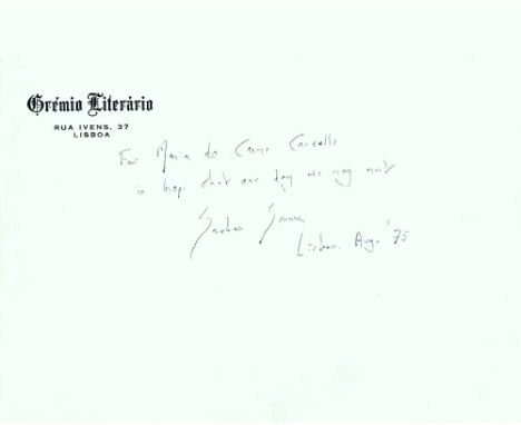 GREENE GRAHAM: (1904-1991) English Novelist. Blue ink signature and inscription, 'For Maria do Carmo Carvalho, in hope that o