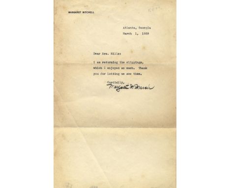 MITCHELL MARGARET: (1900-1949) American Author, Pulitzer Prize winner for her novel Gone With The Wind (1937). Brief T.L.S., 