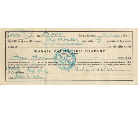 PORTER COLE: (1891-1964) American Composer. D.S., Cole Porter, being a promissory note, one page, slim oblong 8vo, Peru, Indi