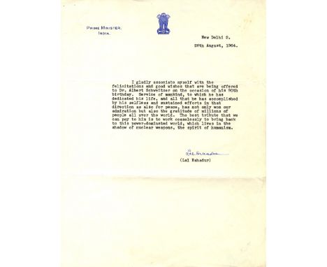 SHASTRI LAL BAHADUR: (1904-1966) Indian Prime Minister 1964-66. Typed Statement Signed, Lal Bahadur, one page, 4to, New Delhi