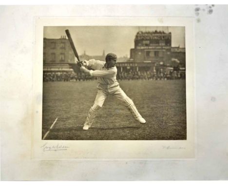 TRUMPER VICTOR: (1877-1915) Australian Cricketer. A good, large vintage signed 25 x 18.5 photogravure, the classic image depi