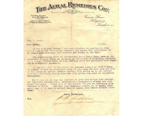 CRIPPEN DR. H. H.: (1862-1910) American-born Physician, famously murdered his wife in 1910. T.L.S., H H Crippen, one page, 4t