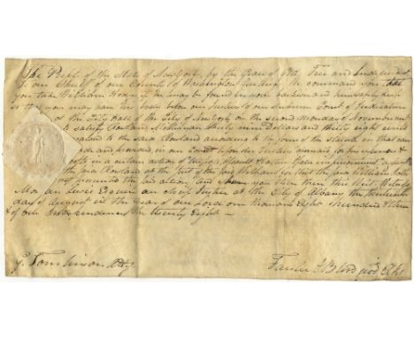 [NEW YORK]: D.S. by G. Tomlinson, an Attorney, one page (vellum), oblong 8vo, Albany, New York, 13th August 1803. The manuscr