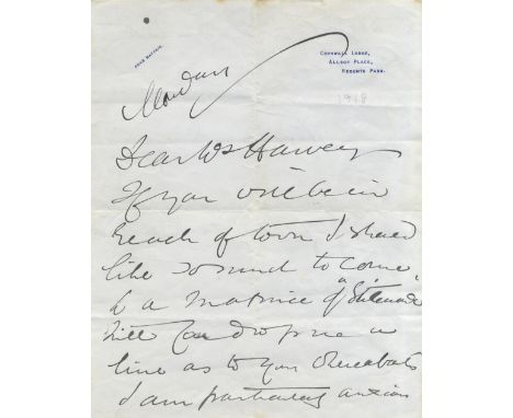 LANGTRY LILLIE: (1853-1929) British Actress, mistress of King Edward VII. A.L.S., Lillie de Bathe, two pages, 4to, Regents Pa