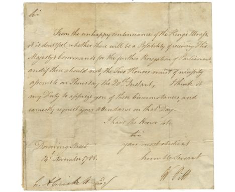 PITT WILLIAM: The Younger (1759-1806) British Prime Minister 1783-1801, 1804-06. L.S., W Pitt, one page, small 4to, Downing S