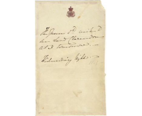 VICTORIA: (1819-1901) Queen of the United Kingdom Great Britain &amp; Ireland 1837-1901. Brief A.L.S., The Queen, in the thir
