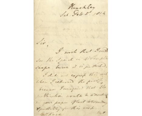 CANNING GEORGE: (1770-1827) British Prime Minister April - August 1827. A.L.S., Geo. Canning, three pages, 8vo, Hinckley, 5th
