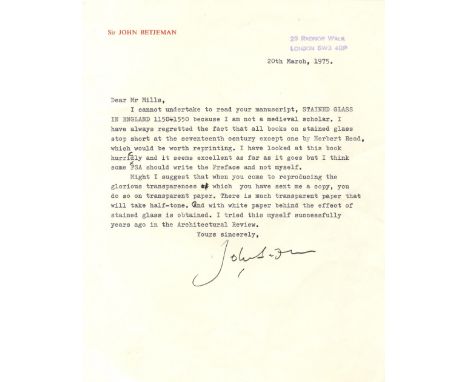 BETJEMAN JOHN: (1906-1984) British Poet Laureate 1972-84. T.L.S., John Betjeman, one page, 4to, Radnor Walk, London, 20th Mar