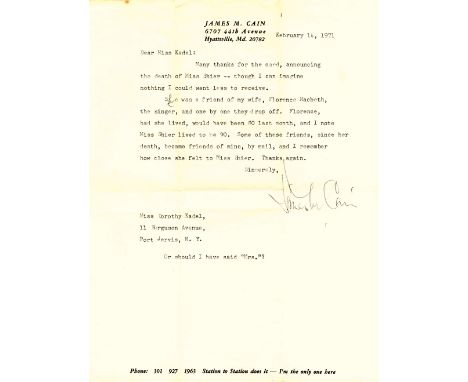 CAIN JAMES M.: (1892-1977) American Novelist of hardboiled Crime fiction. Several of Cain&rsquo;s novels inspired highly succ