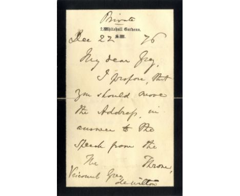 DISRAELI BENJAMIN: (1804-1881) British Prime Minister 1868, 1874-80. A.L.S., Beaconsfield, two pages, 8vo, Whitehall Gardens,