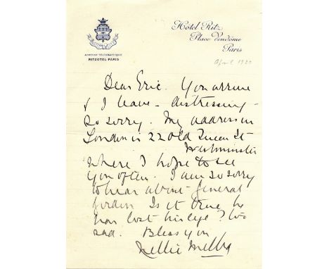 MELBA NELLIE: (1861-1931) Australian Soprano. A.L.S., Nellie Melba, one page, 8vo, Paris, n.d. (15th April 1920), to Eric All