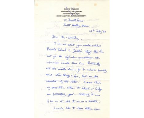 JOHNSTON DENIS: (1901-1984) Irish Writer, a prot&eacute;g&eacute; of W. B. Yeats and George Bernard Shaw. A.L.S., Denis Johns