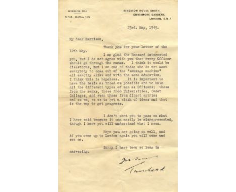 TRENCHARD HUGH: (1873-1956) British Officer, instrumental in establishing the Royal Air Force. T.L.S., Trenchard, one page, 8