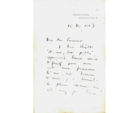 BARRIE J. M.: (1860-1937) Scottish Novelist, created Peter Pan. A.L.S., J. M. Barrie, two pages, 8vo, Lancaster Gate, 15th De