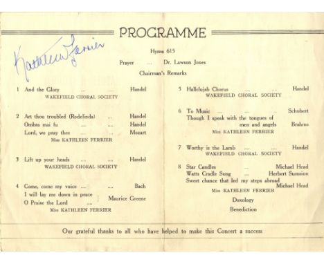 FERRIER KATHLEEN: (1912-1953) English Singer. A printed 8vo programme for a performance by Kathleen Ferrier, supported by the