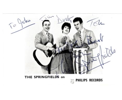 SPRINGFIELDS THE: Vintage signed and inscribed postcard photograph by all three members of the British pop-folk vocal trio of