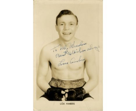 BOXING: Lou Ambers (1913-1995) American Boxer, World Lightweight Champion 1936-38, 1939-40. Vintage signed and inscribed sepi