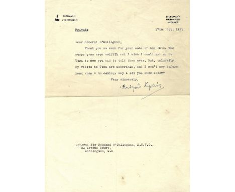 KIPLING RUDYARD: (1865-1936) English Author, Nobel Prize winner for Literature, 1907. T.L.S., Rudyard Kipling, one page, 4to,