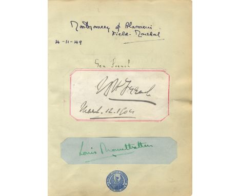 MILITARY: An 8vo page removed from an autograph album signed at the head in bold blue fountain pen ink by B. L. Montgomery (1