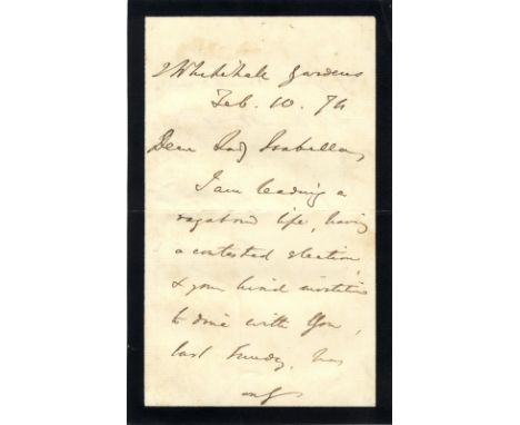 DISRAELI BENJAMIN: (1804-1881) British Prime Minister 1868, 1874-80. A.L.S., B Disraeli, two pages, 8vo, Whitehall Gardens, 1