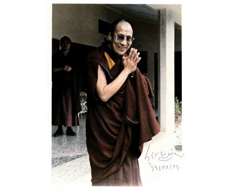 DALAI LAMA: (1935- ) Tibetan Spiritual Leader, Nobel Peace Prize winner, 1989. Signed colour 5.5 x 7.5 photograph, the printe