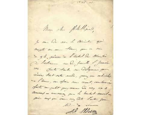 ADAM ADOLPHE: (1803-1856) French Composer of operas and ballets including Giselle. A.L.S., Ad. Adam, one page, 8vo, n.p., Oct