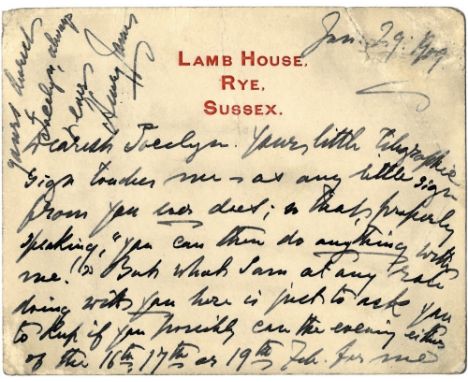 JAMES HENRY: (1843-1916) American-born British Author. A.L.S., Henry James, on two sides of a correspondence card (neatly and