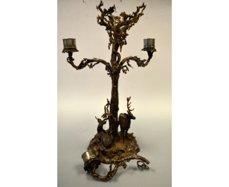 A VICTORIAN ELKINGTON & CO THREE BRANCH TABLE LAMP, modelled as central tree trunk with three acorn leaf decorated branches a