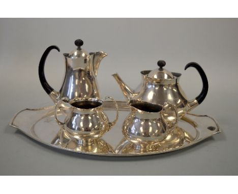 A FIVE PIECE PLATED TEA SERVICE, Mappin & Webb designed by Eric Clements W29945, tray approximately 46cm x 30cm, hot water ap