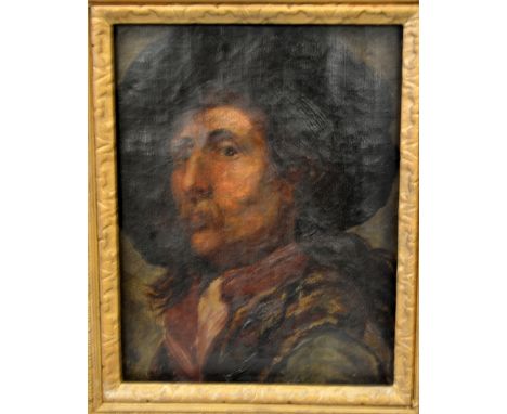 A 19TH CENTURY GILT FRAMED OIL ON CANVAS, portrait depicting head and shoulders of gent in hat, approximately 40cm x 31cm, un
