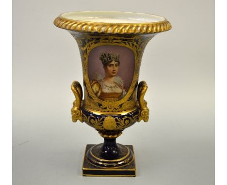 A COBALT BLUE AND GILT SEVRES VASE, of urn twin handle form with portrait cartouche 'Josephine Banaparte' signed Poitevin wit